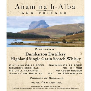 Dumbarton 2000, Highland Single Grain Whisky, 21y, Ex-Bourbon, 0,7l, 51,6% vol. - Anam na hAlba